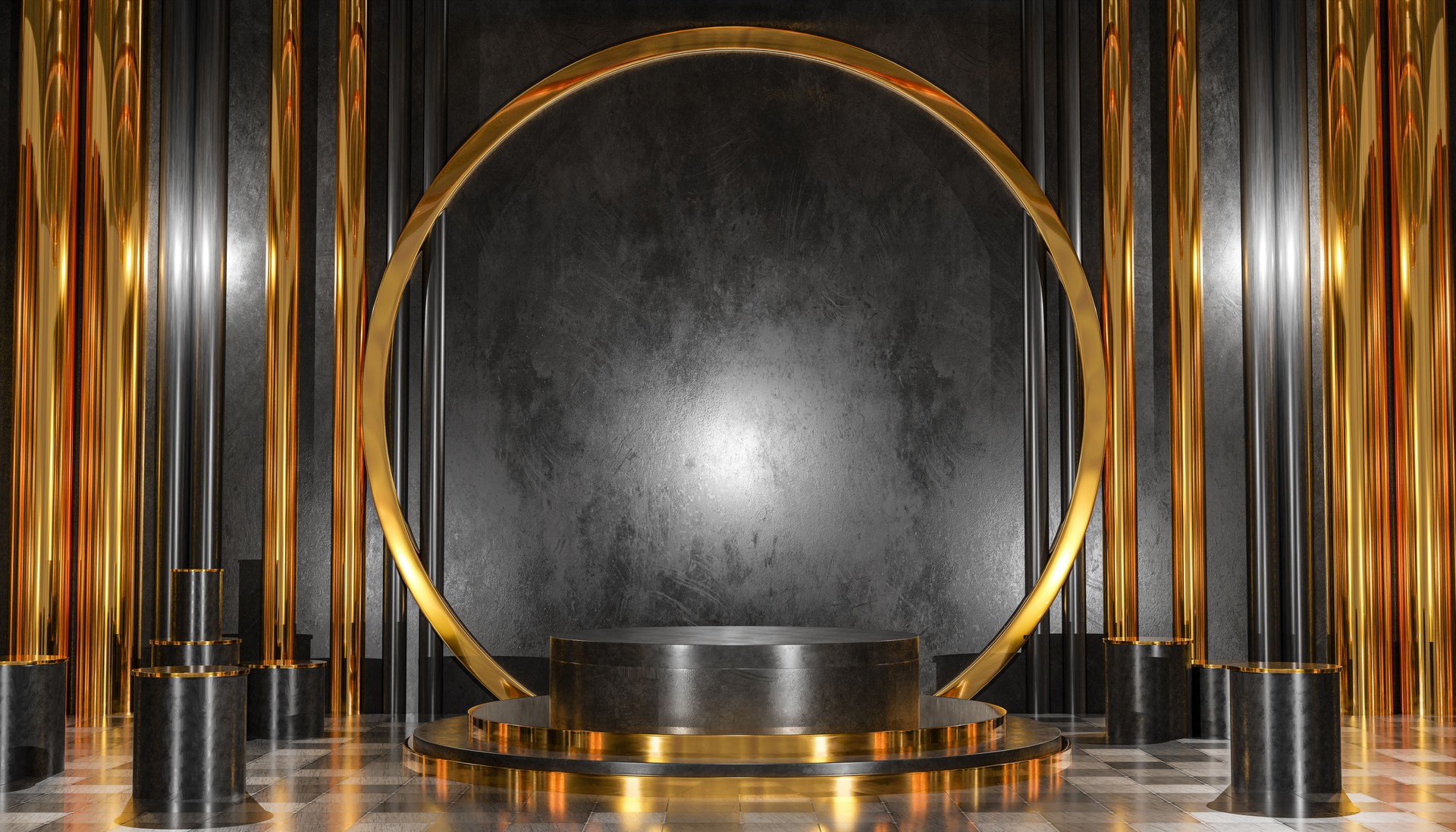 Luxury podium with gold accents, empty display platform, elegant black columns, modern backdrop, product placement stage, design 3d illustration